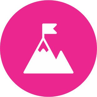 White icon of a mountain with a flag on top, set against a magenta circular background.