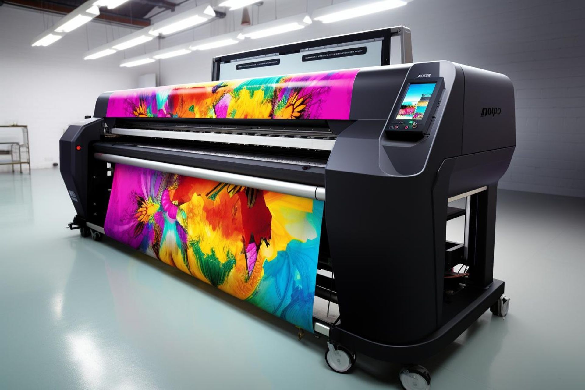 Large industrial printer producing a vibrant, colorful print with abstract patterns in a modern printing facility.