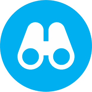 Icon of white binoculars on a blue circular background.