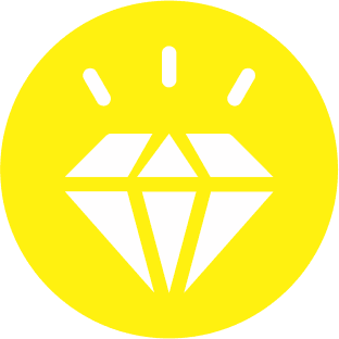 White diamond icon with rays on a bright yellow circular background.