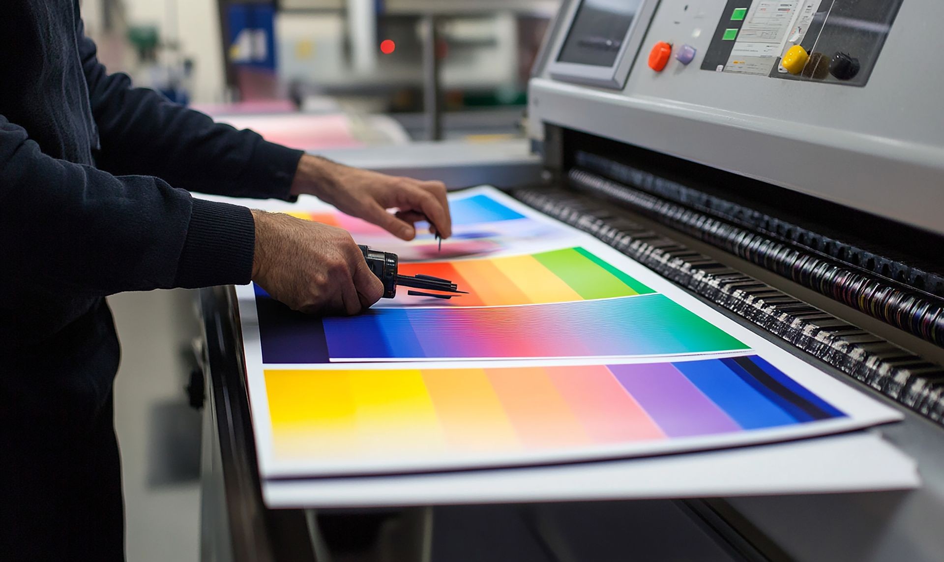 Person examining color spectrum prints emerging from an industrial printing machine.